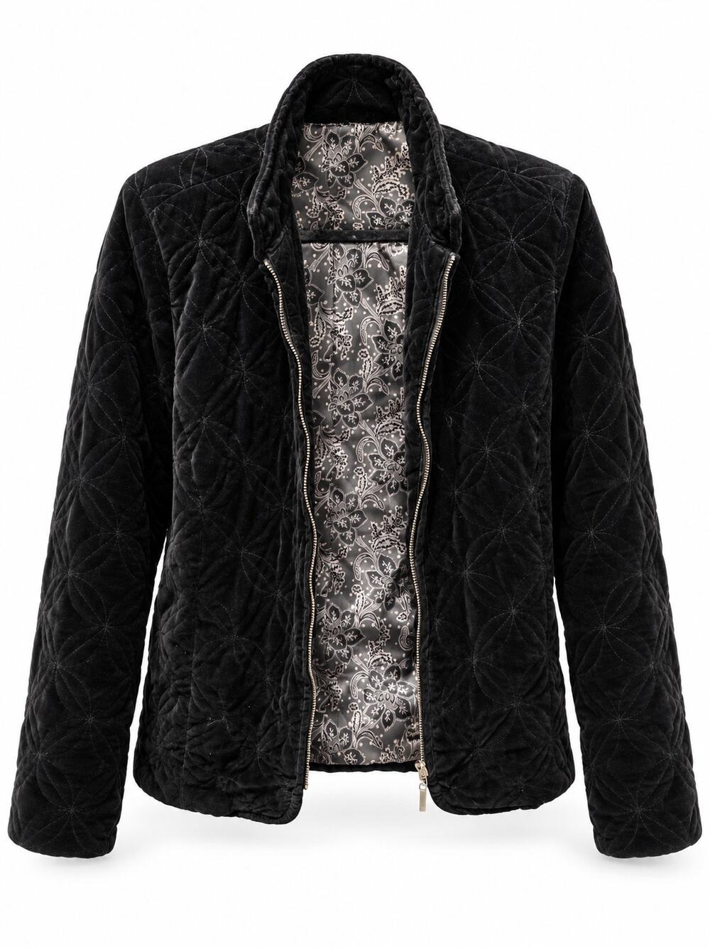Black Velvet Quilted Jacket Sz L Fits M Floral Stitch Full Zip Satin Lined